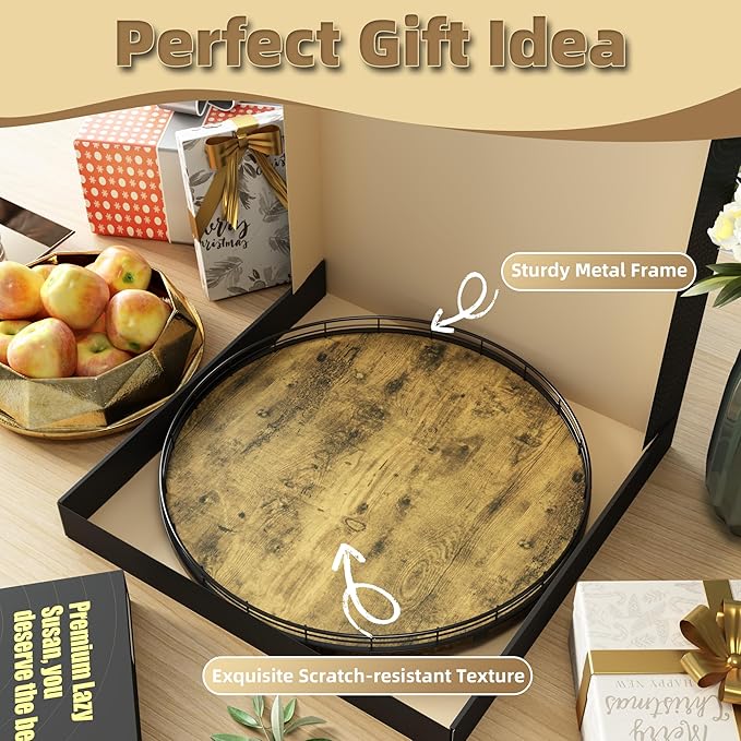 Lazy Susan Turntable Organizer for Table Top, 18’’ Round Wooden Lazy Susan for Cabinet Kitchen Countertop Pantry Dining Coffee Table for Condiments Spices, Rustic Bathroom Vanity Tray for Soap Candle-Ruum Studio Home