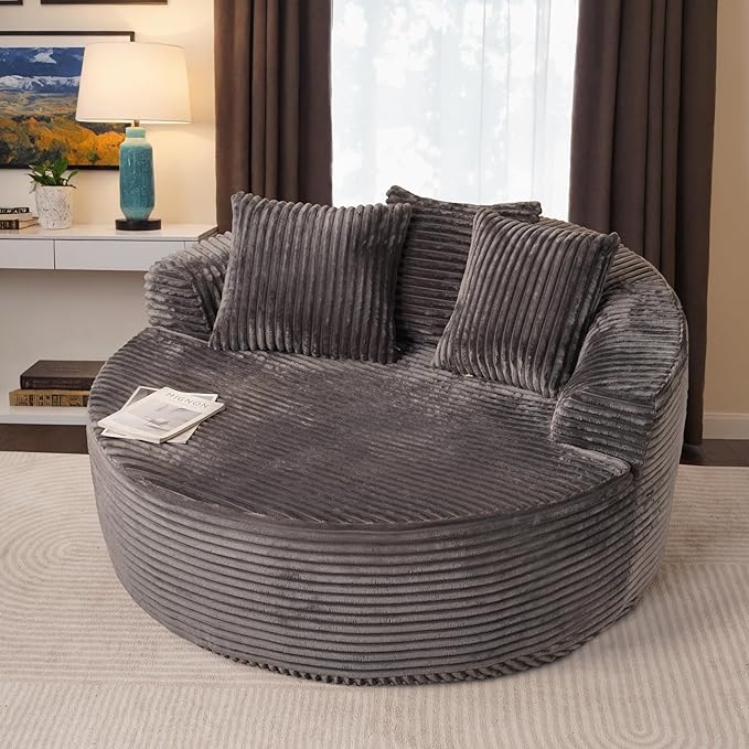 ovios 58" Oversized Round Chair Lounge Chaise Indoor, No Assembly Required, Cloud Large Circle Chair with Plush Fuax Fur, Fluffy Modern Sleeper Sofa Bed for Reading Yoga, Grey (Plush Corduroy Fabric)-Ruum Studio Home