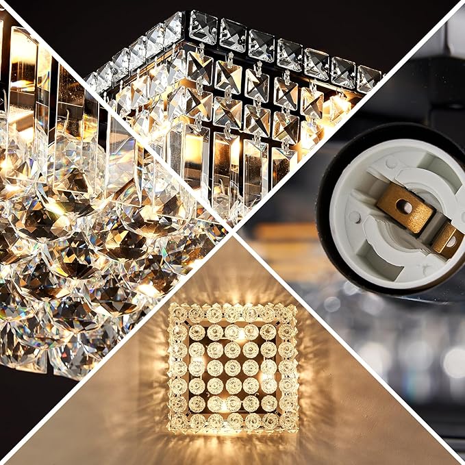4-Light Black Crystal Chandeliers Flush Mount Chandelier Light Fixture with K9 Crystals Modern Ceiling Lights Elegant Square Lamp for Bedroom,Hallway,Bar,Living Room,Dining Room,H5.9 xW13.7-Ruum Studio Home