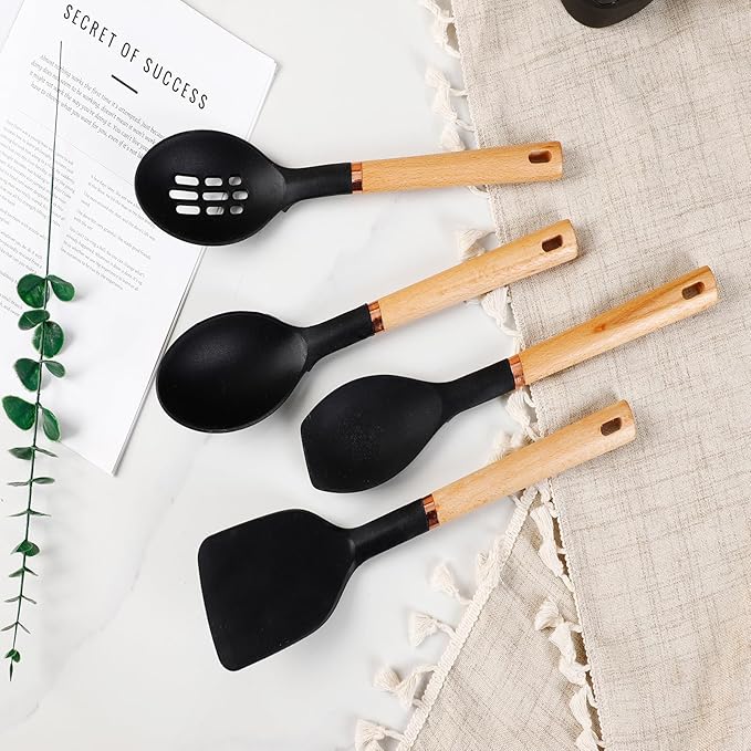 13-Piece silicone utensil set wood handle nonstick cookware safe dishwasher safe kitchen tools BPA free heat resistant (450°F/230°C) ceramic pan safe cooking gifts housewarming (Black)-Ruum Studio Home