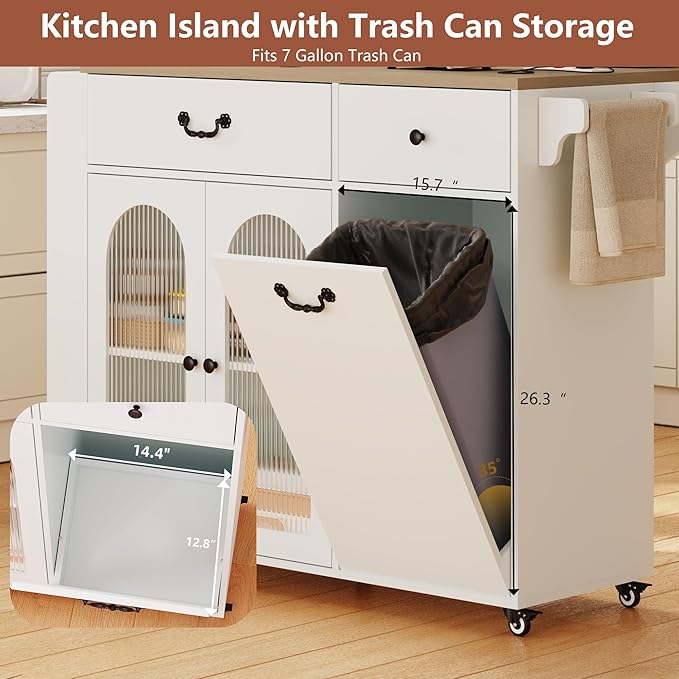 Kitchen Island with Drop Leaf & Power Outlet, Rolling Kitchen Island on Wheels with Trash Can Storage, Island Table Bar Cart with Spice Rack, Towel Rack, Drawers, Mobile Kitchen Carts on Wheels-Ruum Studio Home