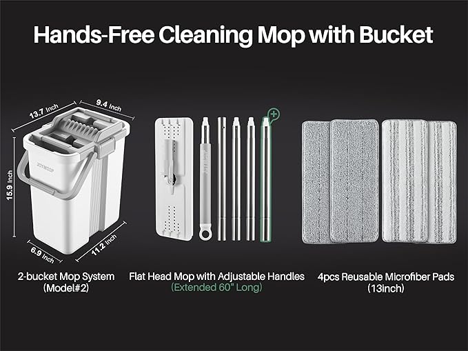 JOYMOOP Mop and Bucket with Wringer Set, Flat Squeeze Mop Flat Head, Dust Mops for Wall Cleaner with Long Handle, Hands-Free Microfiber Mops for Floor Cleaning - White-Ruum Studio Home