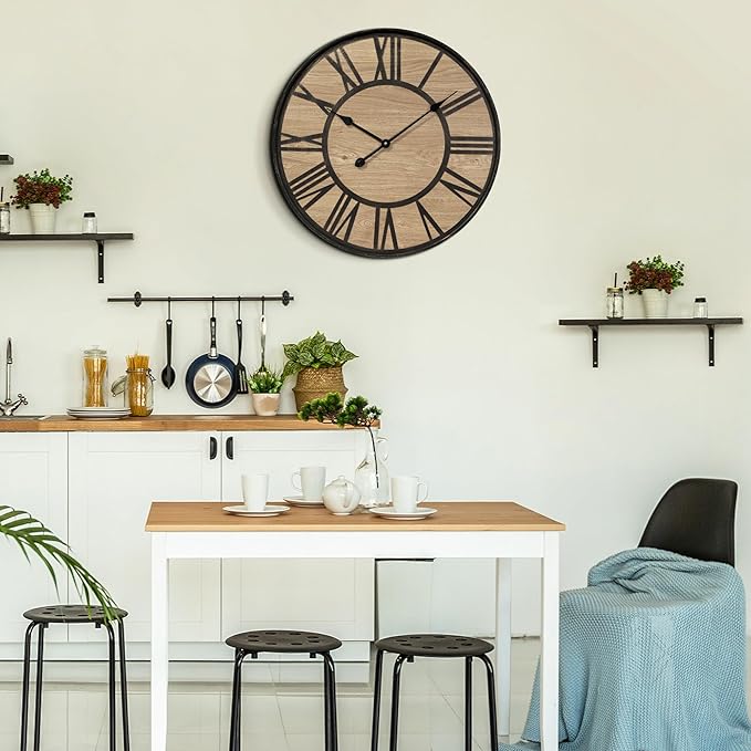 Large Wall Clock for Living Room Decor, Non Ticking Silent, Battery Operated Modern Vintage Wood Wall Clock Oversized Decorative Wall Clock for Bedroom Kitchen Farmhouse Office Decor-Ruum Studio Home