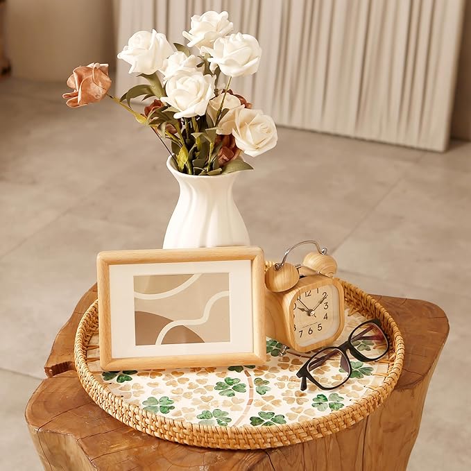 Round Rattan Tray with Mother of Pearl Inlay & Wooden Base - Decorative Wicker Serving Tray for Coffee/Bread/Fruits, Food Storage & Display - Multipurpose Home Decor (M,Four-Leaf Clover)-Ruum Studio Home