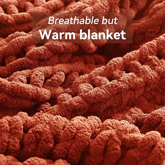 Chunky Knit Throw Blanket, 40''*50'' Fall Throw Blanket Knitted Chenille Yarn for Bed Couch, Handmade Orange Crochet Big Thick Blanket, Machine Washable Cute Comfy Blankets for Home Decor-Ruum Studio Home