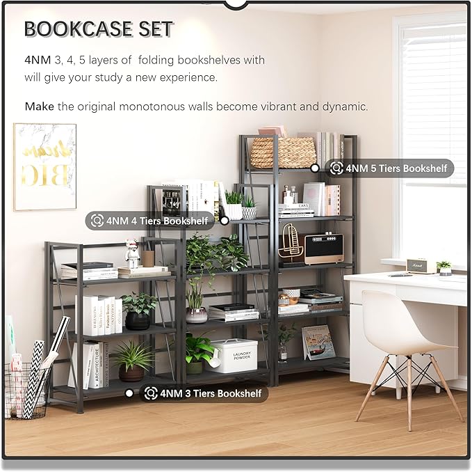 4NM No Assembly Foldable Bookshelf, 5-Shelf Collapsible Bookcase Storage for Small Spaces, 62.2" H, All Black-Ruum Studio Home