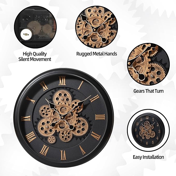 Maxstar Large Moving Gear Wall Clock,16" Vintage Mechanical Battery Operated Industrial Wall Clocks for Farmhouse Living Room,Home Office, Dinning Room, Kitchen, Steampunk Decor-Black,Roman Numeral-Ruum Studio Home