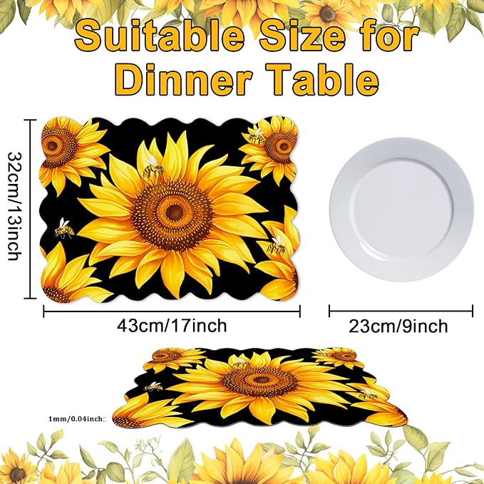 Sunflower Placemats Set of 6 Summer Plastic Table Mats Summer Floral Place Mats Washable Vinyl Seasonal Spring Sunflower Table Decoration for Indoor Outdoor Party Kitchen Dining-Ruum Studio Home