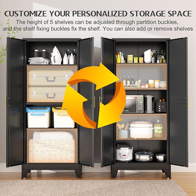 75.2" Tall Storage Cabinet, Pantry Storage Cabinets with 2 Door and 5 Adjustable Shelves, Black Kitchen Food Cabinet, Metal Utility Cabinets for Kitchen, Dinning Room, Laundry Room-Ruum Studio Home