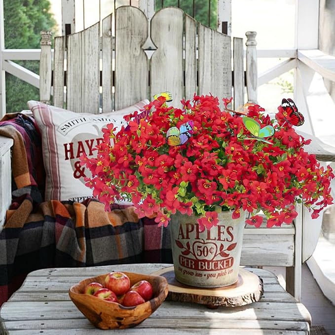 ‌20 Bundles Artificial Flowers for Outdoors‌ with 6 Faux Butterflies, UV Resistant ‌Fake Flowers‌ with Eucalyptus Leaves, ‌Artificial Plants Outdoor‌ for Patio Garden Porch Home Decor (Red)-Ruum Studio Home