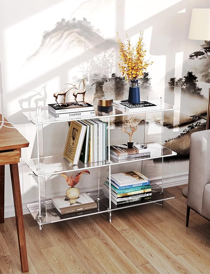 Acrylic Bookshelf, Small 3 Tier Open Bookcase for Small Spaces,Sofa Table, Hallway Entry Table for Home Living Room (Clear, 39.4'' x 11.8'' x 31.5'')-Ruum Studio Home
