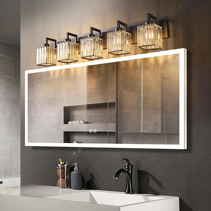 Modern Crystal Bathroom Vanity Light - 5-Lights Black Modern Crystal Wall Lamp for Bathroom Vanity Lighting-Ruum Studio Home