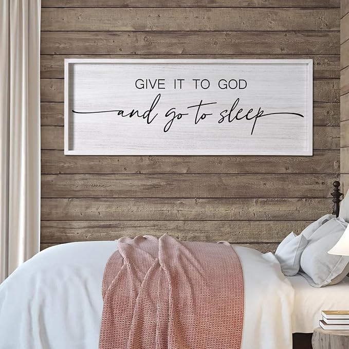 Give It to God and Go to Sleep Decorative Rustic Sign & Plaque Framed Wall Art for Couples, 40''×15'' Vintage Farmhouse Wooden Horizontal Wall Decor Above Bed, Cottagecore Wedding Gift for Bedroom-Ruum Studio Home