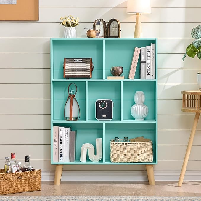 LEYAOYAO 7 Cube Bookshelf 3-Tier Bookcase with Legs, Mint-Green Kids Book Shelf Cute Storage Organizer, Toy Shelves Bookshelves,Wood Display Bookcases-Ruum Studio Home