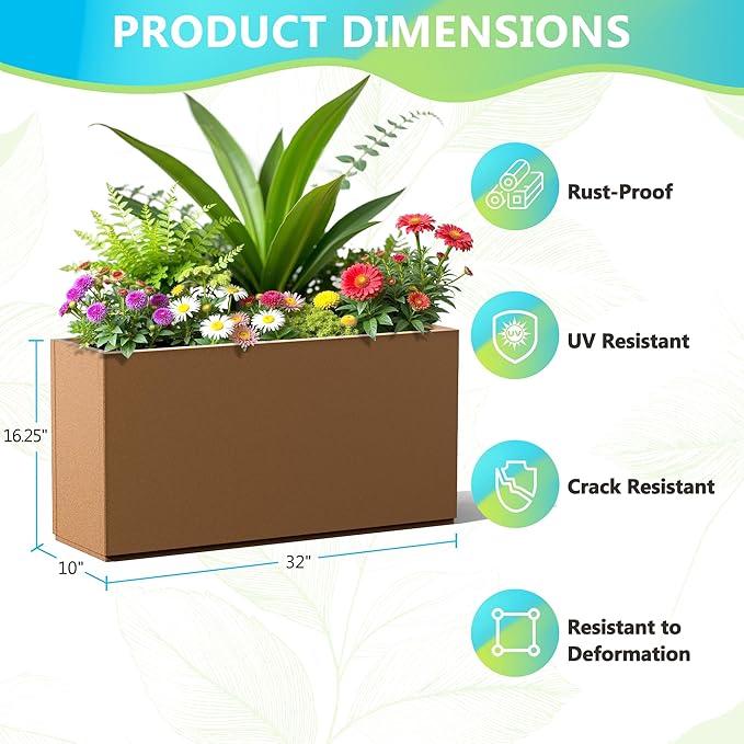 FENCY Metal Rectangular Planter Box, Large Planters for Outdoor Plants, Tall Planters for Outdoor Plants with Drainage Holes (32" L x 10" W x 16.3" H,Brown)-Ruum Studio Home