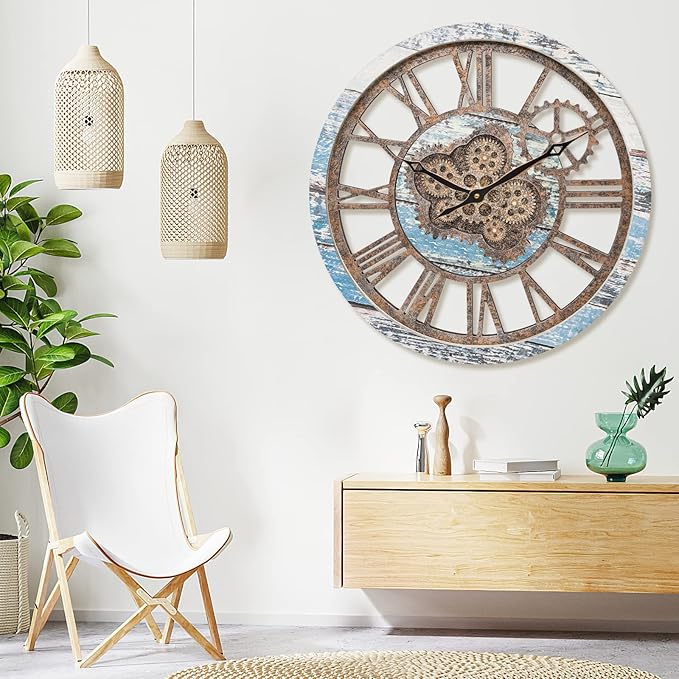 HOIBAI Large Wall Clock, Wall Clocks for Living Room Decor 20 Inch Farmhouse Vintage Rustic Kitchen Wall Decor Vintage Roman Oversized Wall Clock for Home Bedroom House Office, Moving Gears Clock-Ruum Studio Home