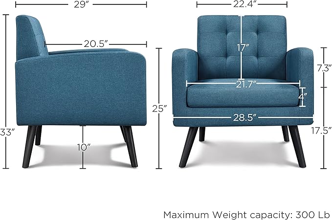 Yaheetech Mid-Century Accent Chairs, Modern Upholstered Living Room Chair, Cozy Armchair Button Tufted Back and Wood Legs for Bedroom/Office/Cafe, Set of 2, Navy Blue-Ruum Studio Home
