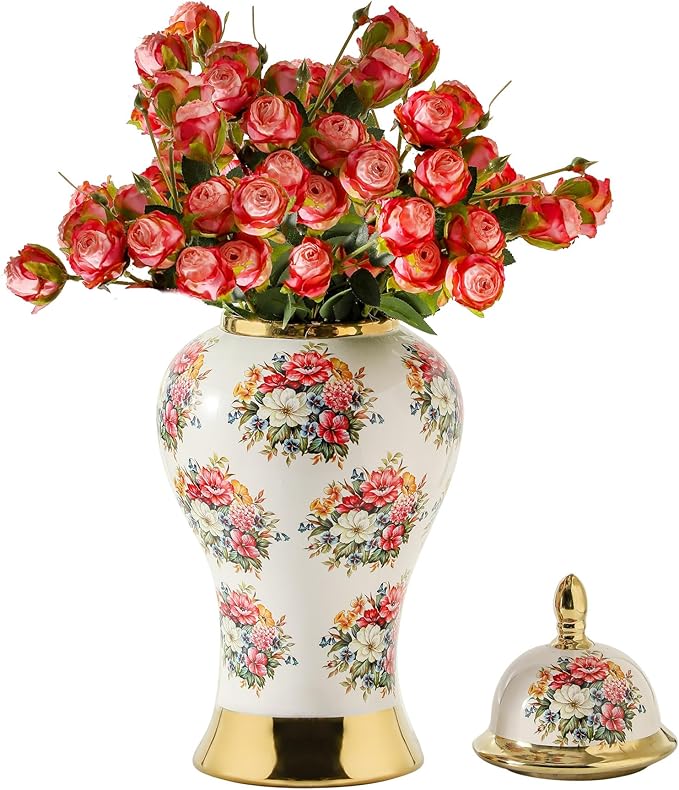 Ginger Jars for Home Decor, White Gold Ceramic Vase with Colorful Floral Pattern, Handmade Decorative Flower Vase with Lid for Home, Kitchen, Office, Table, Bookshelf, Mantle Fireplace,(18in)-Ruum Studio Home