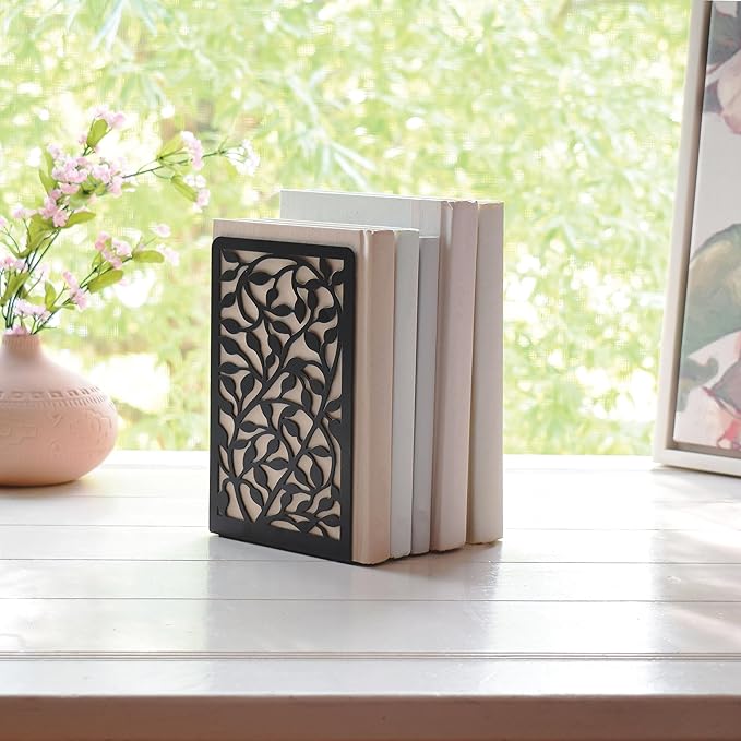 CNK Book Ends for Shelves - Metal Holders for Home Office Heavy Books, Shelf Stoppers, Decorative Set of 2 Black Infinite Leaves Bookends-Ruum Studio Home