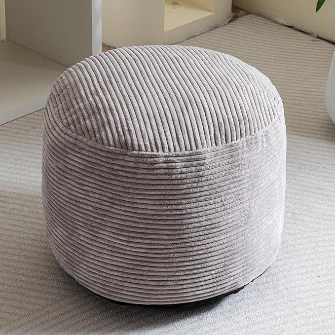 HIGOGOGO Round Stuffed Pouf Ottoman, Corduroy Poufs with Foam Chunk Filling, Furry and Fluffy Pouf Foot Stool Storage Ottoman, 20 X 15 Floor Poufs Foot Rest for Living Room, Grey-Ruum Studio Home