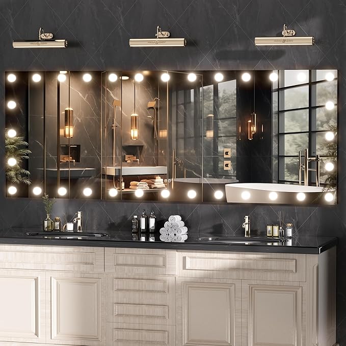 Hasipu LED Bathroom Mirror with Lights, 84" x 31" Hollywood Wall-Mounted Bathroom Mirror with 32 Dimmable Bulbs, 3 Colors Modes, Touch Control, Anti-Fog, Memory Function, Shatter-Proof, ETL Listed-Ruum Studio Home
