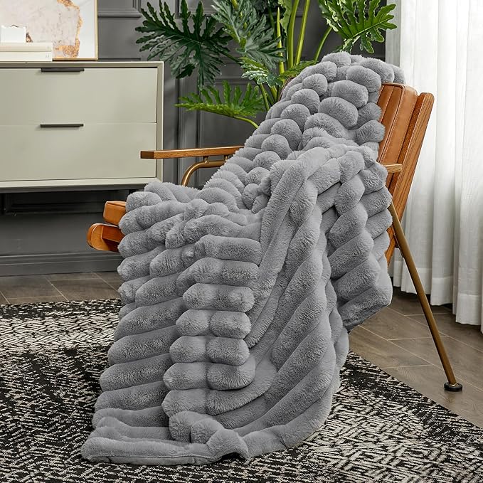 Cozy Bliss Faux Fur Throw Blanket for Couch, Cozy Warm Plush Striped Blanket for Sofa Bedroom Living Room,50 * 60 Inches Grey-Ruum Studio Home