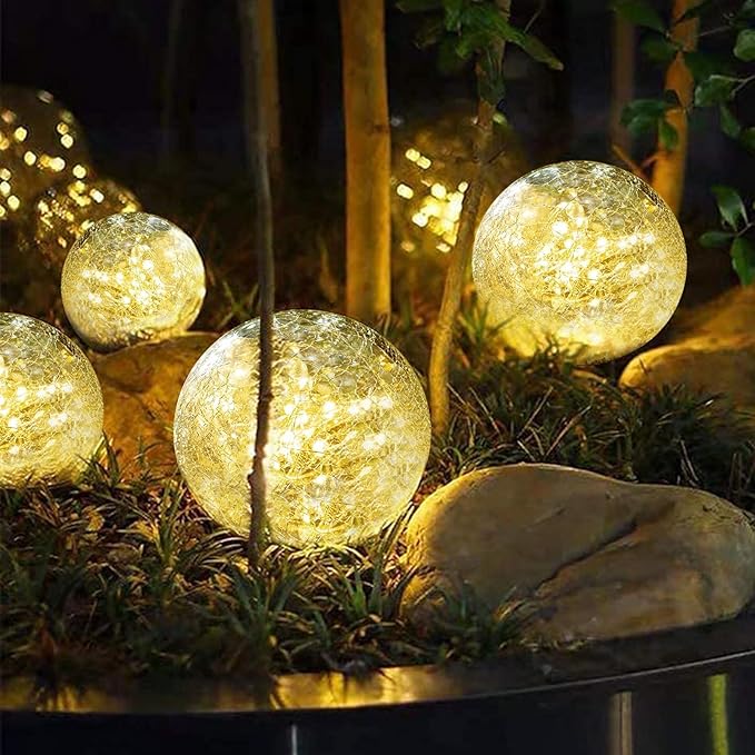 Solar Garden Lights Outdoor Waterproof, 4 Pack Cracked Glass Ball Light, Ground Landscape Garden Decor, Solar Globe Decorative for Pathway/Patio/Lawn/Yard (Warm White, 4.7")-Ruum Studio Home