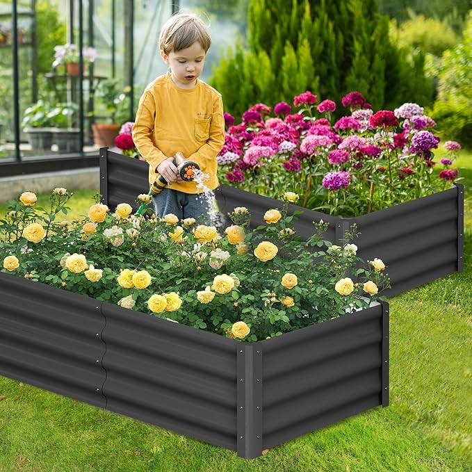 Large Outdoor Planter Boxes Kit Set of 2,6x3x1ft Galvanized Raised Bed Planter with Open-Ended Base Design, Elevated for Outdoor Plants, Durable Raised Bed for Gardening,Green-Ruum Studio Home