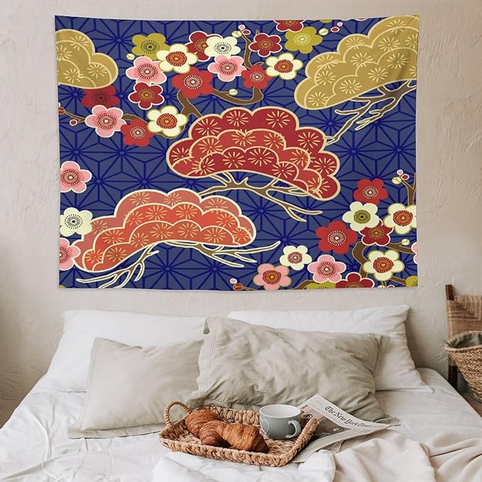 HZOHNAGO Japanese Tapestry Art Abstract Colorful Cherry Blossom Blue Background Pattern Printed Wall Tapestry Painting Wall Hanging for Bedroom Living Room Dorm 80" W x 60" H-Ruum Studio Home
