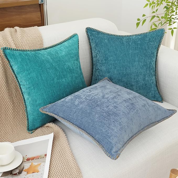 decorUhome Chenille Soft Throw Pillow Covers 12x20 Set of 2, Lumbar Velvet Farmhouse Neutral Decorative Euro Pillow Covers with Stitched Edge for Couch Sofa Bed Home Decor, Teal-Ruum Studio Home