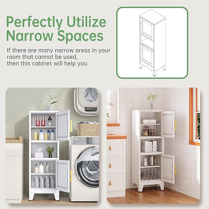 47.24" H Metal Narrow Bathroom Storage Cabinet Pantry Storage Cabinet, 2 Adjustable Shelves for Kitchen, Home Office, Living Room, Dinning Room (White)-Ruum Studio Home
