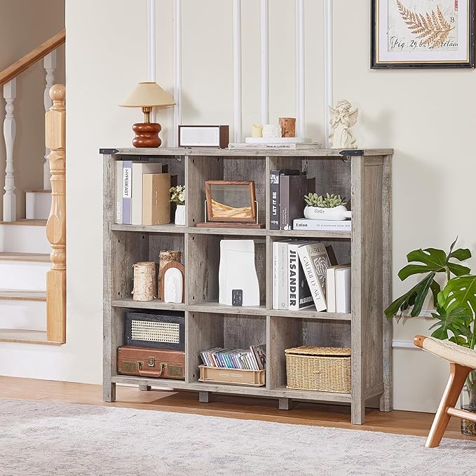 9 Cube Bookcase, Farmhouse 47 Inch Wide Grey Oak Bookshelf, Wooden 3 Tier Display Large Open Book Shelf, Vintage Horizontal Book Case for Home Office, Cubby Storage Cabinet for Living Room-Ruum Studio Home
