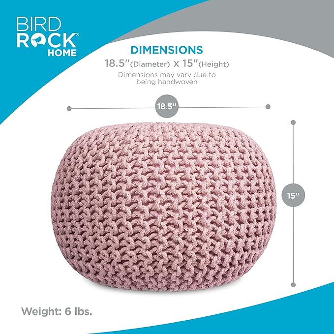BIRDROCK HOME Round Pouf Ottoman | Cotton Braided Foot Stool with Bean Bag Filling | Boho Foot Rest for Living Room & Bedroom | Compact & Comfortable Seating, Lightweight & Soft | Dusty Rose-Ruum Studio Home