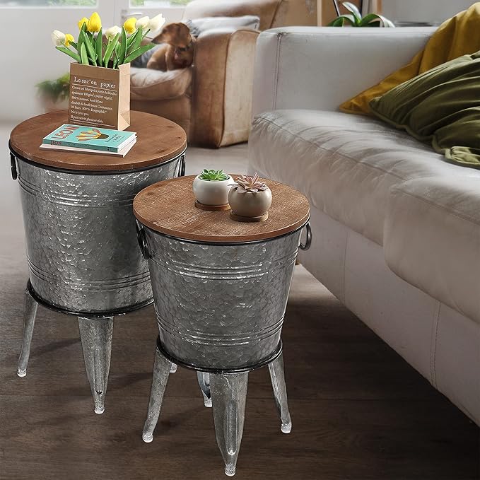 Rustee Rustic Storage Farmhouse Accent Side Table,Antique Galvanized Metal End Coffee Cocktail Table Box Bin with Round Wooden Lid Set of 2 (Galvanized),HC2009WT,One size-Ruum Studio Home