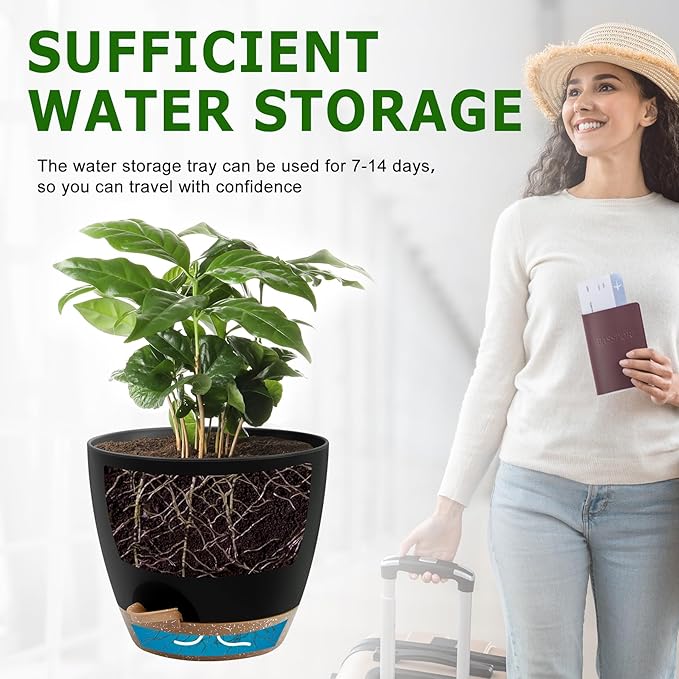 Plant Pots 12/10/9 Inch Self Watering Pots, Set of 3 Plastic Planters with Drainage Holes and Saucers,Plastic Flower Pots,Nursery Planting Pot for Indoor Out Door Plants(Black)-Ruum Studio Home