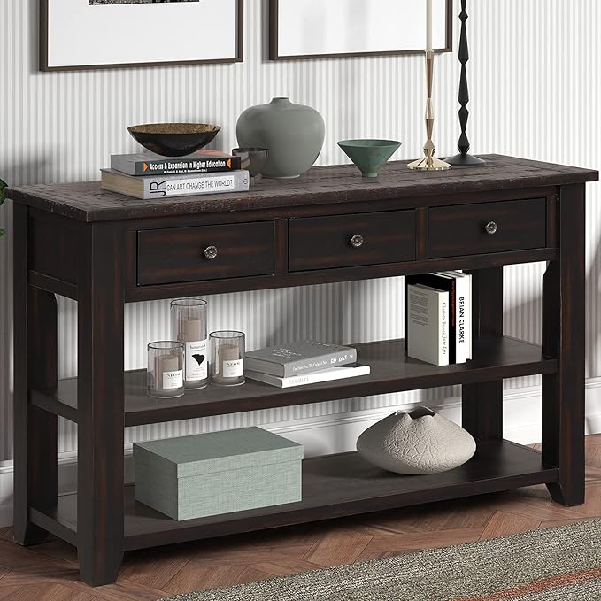 Farmhouse Wood Entryway Console Table 48-Inch Modern Sofa Entry Table with Drawers and Storage Shelves for Entrance Living Room (Black)-Ruum Studio Home