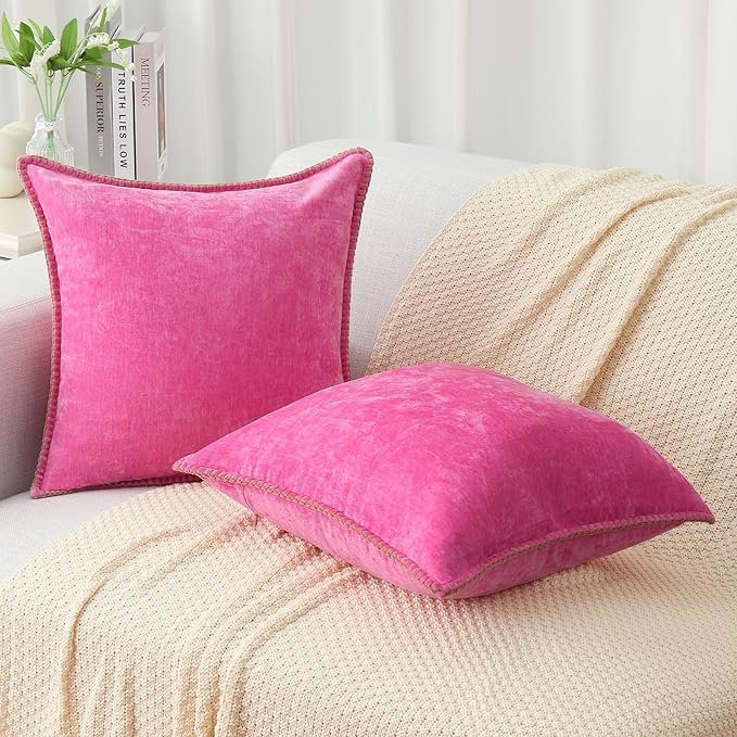 decorUhome Chenille Soft Throw Pillow Covers 20x20 Set of 2, Farmhouse Velvet Neutral Decorative Euro Pillow Covers with Stitched Edge for Couch Sofa Bed Home Decor, Hot Pink-Ruum Studio Home