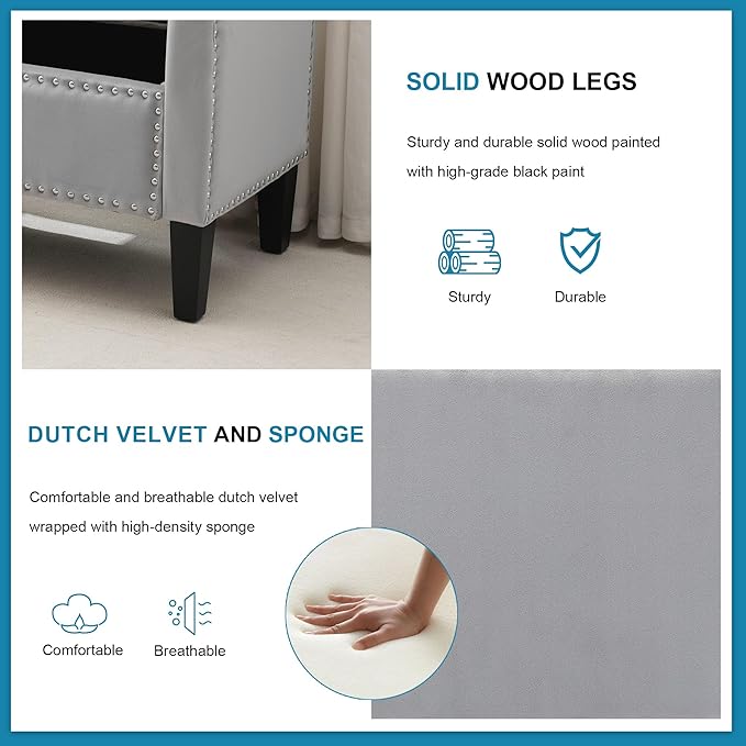 Storage Ottoman Bench, Velvet Upholstered Footstool for Bedroom and Living Room, Tufted Seat with Storage, Wooden Legs & Metal Rivets, Grey-Ruum Studio Home