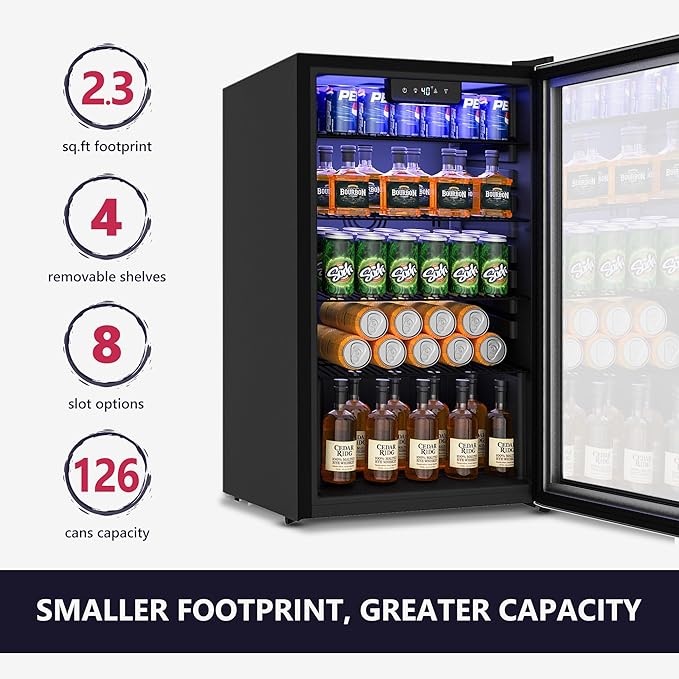 Beverage Refrigerator and Cooler, 126 Can Mini fridge with Plastic Door, Beverage Cooler with Digital Temperature Display & Adjustable Shelves for Soda Beer or Wine, Black-Ruum Studio Home