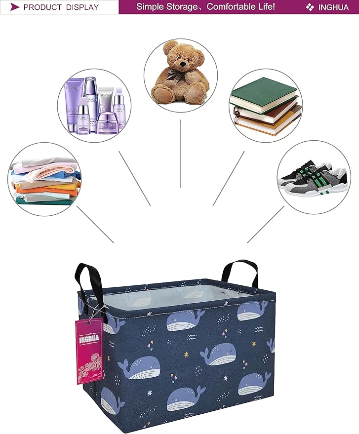 Rectangular Storage Basket Fabric Organizer Bin for Toys,Books,Clothes,Gifts,Pets-Perfect for Home,Office,Nursery,Dorm,Shelf(Rec-Blue Whale )-Ruum Studio Home