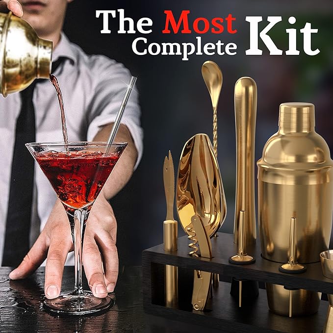 Highball & Chaser Bartender Kit with Espresso Bamboo Stand. Beautiful Cobbler Cocktail Shaker Set with Bar Tools Rustproof Stainless Steel Bar Set (Matte Gold)-Ruum Studio Home