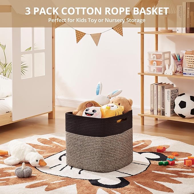 OIAHOMY 13 Kallax Inch Cube Storage Bins, 3-Pack Cotton Rope Woven Baskets for Organizing, Kallax Insert Storage Baskets for Shelves, Baby Nursery, Closet Organizer, 13*13*12.6IN, Black & Mixed Brown-Ruum Studio Home