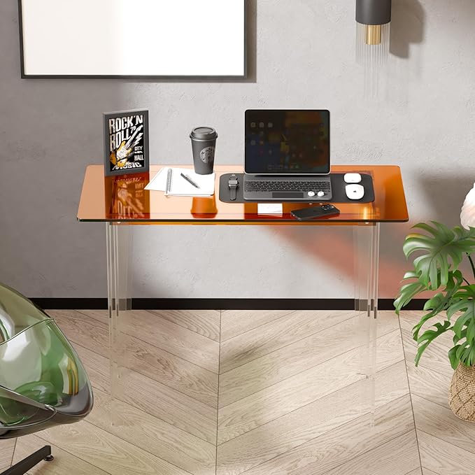 Acrylic Desk, Modern Study Table for Home Office - Extended Surface Multi-Purpose Console & Entryway Table, Sturdy Lightweight Design (42.5-inch, Orange)-Ruum Studio Home