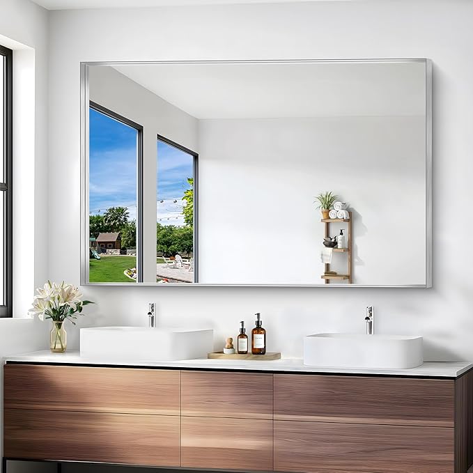 Silver Bathroom Mirror, 36x55 Inch Rectangular Deep Frame Mirror, Large Wall Mounted Bathroom Vanity Mirror Over Sink for Bedroom,Restroom, Living Room, Hangs Vertically or Horizontally-Ruum Studio Home