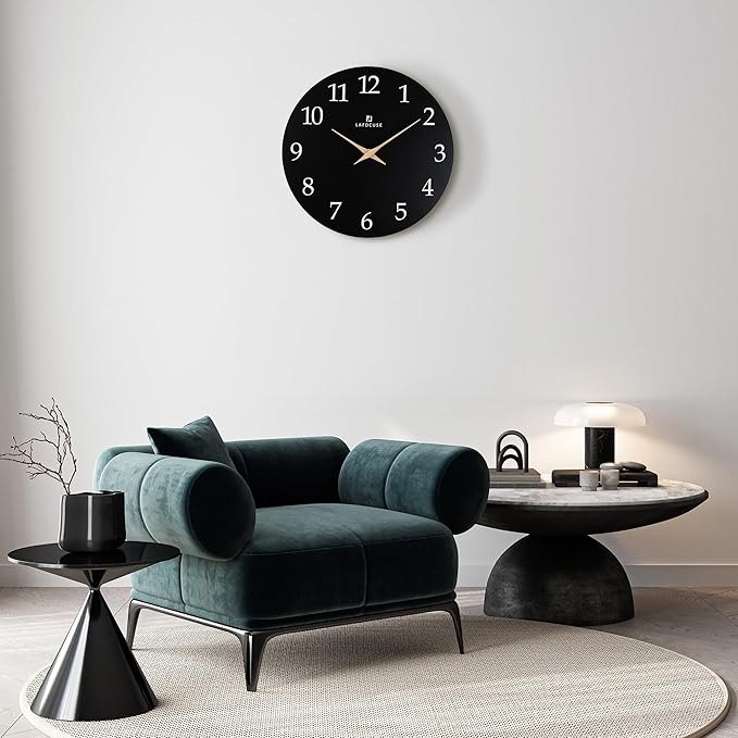 Lafocuse 12 Inch Silent Black Wall Clock Battery Operated for Living Room Decor, Simple Minimalist Wooden Wall Clock for Kitchen Bedroom Office-Ruum Studio Home