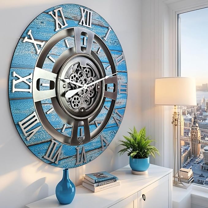The Gears Clock Real Moving Gear Wall Clock England Line (Ocean Blue, 36 inches (90 cm))-Ruum Studio Home