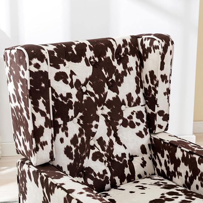 Mid-Century Accent Chair, Upholstered Arm Chair Linen Fabric Side Chair with High Back Solid Wooden Legs, Comfy Reading Chair for Living Room Bedroom, Milk Cow-Ruum Studio Home