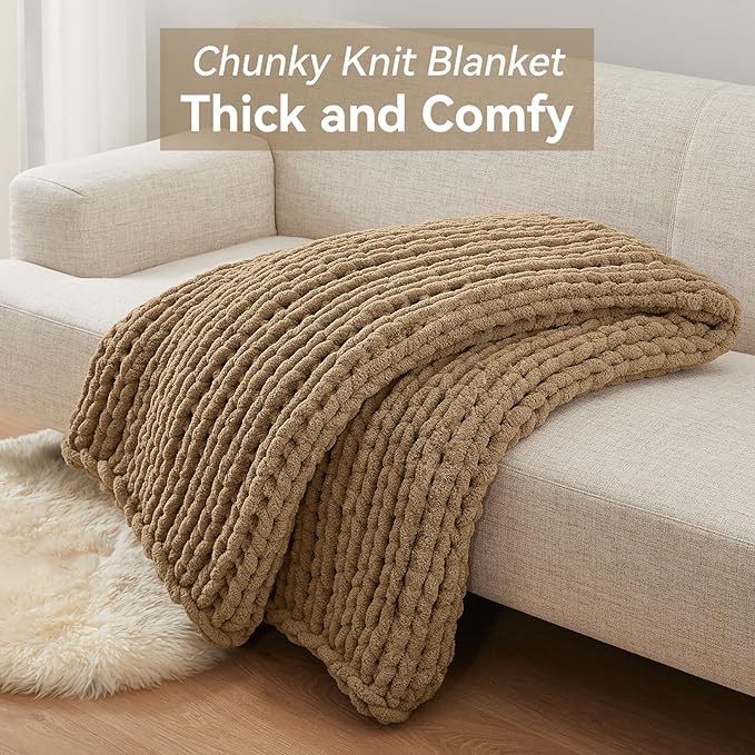 Chunky Knit Throw Blanket, 60''*80'' Knitted Throw Chenille Yarn for Bed Couch, Handmade Light Brown Crochet Big Thick Blanket, Machine Washable Cute Comfy Blanket for Home Decor-Ruum Studio Home