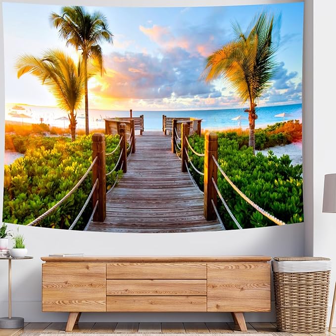 Delur Beach Sunset Tapestry Tropical Seaside Palm Tree Coastal Tapestry Wall Hanging Sunrise Nature Landscape Scenic Psychedelic Headboard for Bedroom Living Room Home Decor (51.2" x 59.1")-Ruum Studio Home