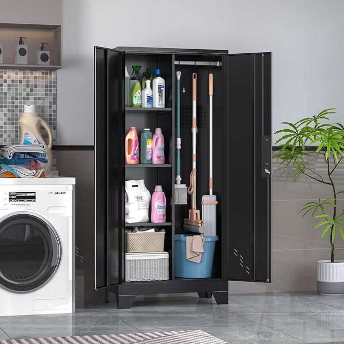 61" H Metal Storage Cabinet, Utility Cabinets with Locking Doors, Laundry Cabinet with Hanging Rod, Garage Tool Storage Cabinets for Home Office, Garage, Bathroom (Black)-Ruum Studio Home